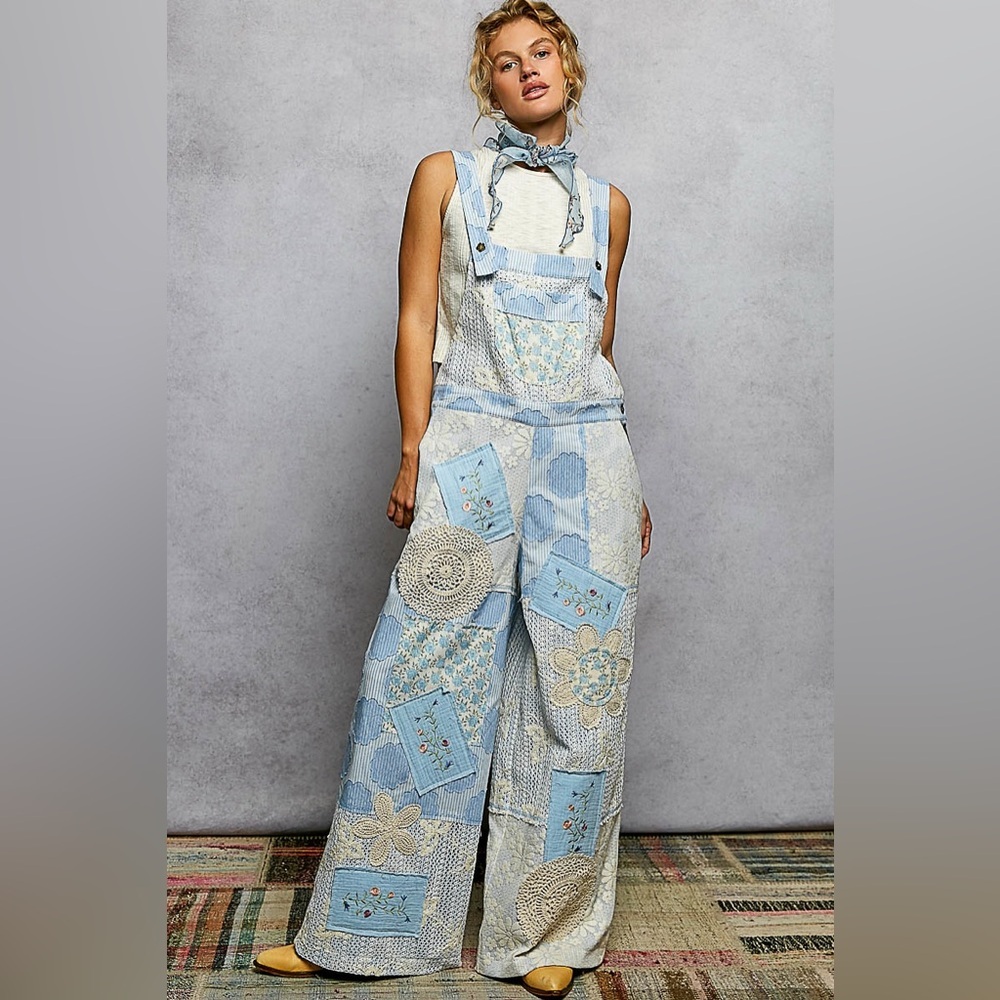 POL Boho Dreamy Blue Patchwork Overalls